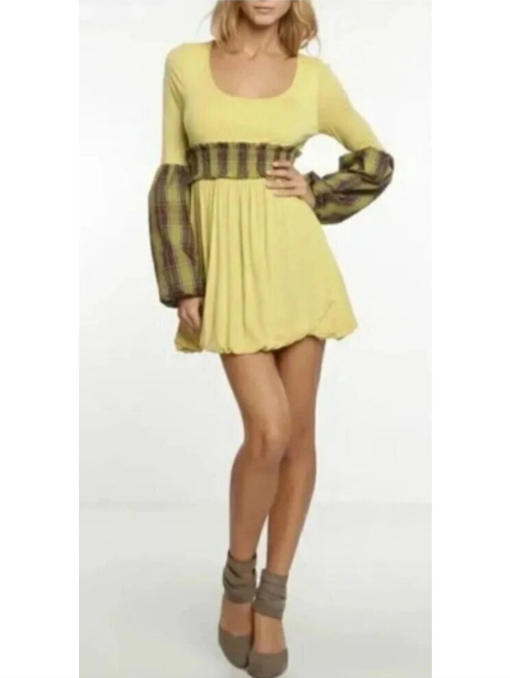 NUVULA Plaid Bubble Hem & Sleeve Plaid Empire Waist Mini Dress L